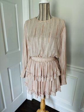 MISA Los Angeles Katia Dress M Blush Metallic Stripe Ruffle Mini Boho